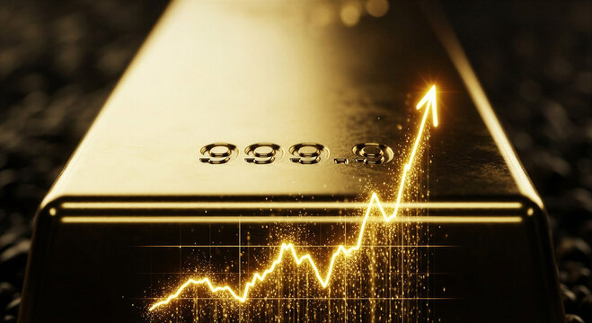 Gold bullion bar with upward trend graph symbolizing wealth increase, It symbolizes the growth of the gold exchange rates.    