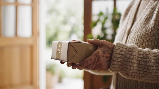 Person delivering package to elderly individual