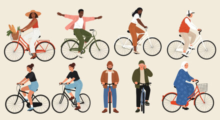 People riding bicycles in various poses and styles, showcasing different actions and emotions in a flat illustration style