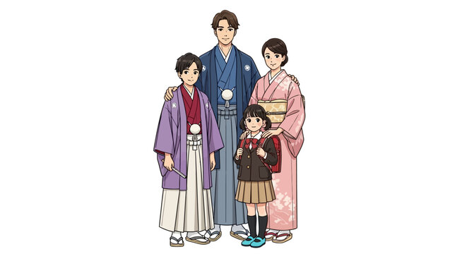 Family of four in traditional Japanese attire standing together in a formal pose, showcasing cultural heritage and traditional clothing, steven (593).ai illustration