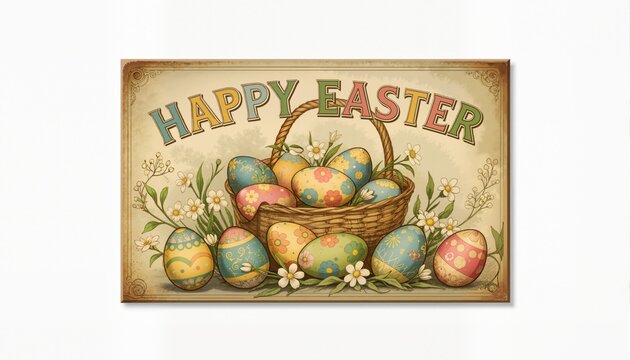 Happy Easter vintage sign with eggs on white
