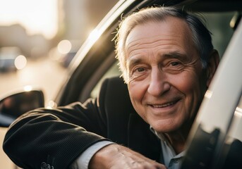 Smiling elderly European man leaning out of a car window in warm sunlight, blurred city bokeh background, joyful nostalgic road trip mood