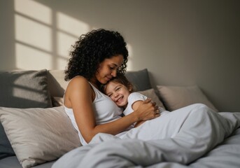 European mother cuddling with young child on bed as the kid kisses her cheek, warm window light, soft bedding textures, tender lifestyle moment