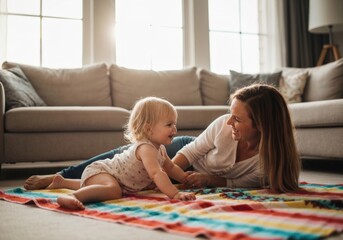 European mother cuddling with young child on bed as the kid kisses her cheek, warm window light, soft bedding textures, tender lifestyle moment