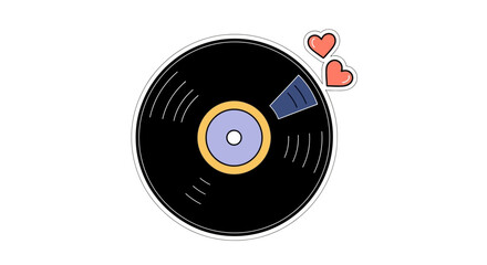 A cartoon vinyl record with a tonearm and two hearts floating above it on a white background, viewed directly from the front