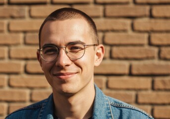 Joyful young European man in round glasses and denim jacket, close-up portrait on warm brick wall, natural soft light, candid lifestyle mood