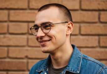 Joyful young European man in round glasses and denim jacket, close-up portrait on warm brick wall, natural soft light, candid lifestyle mood
