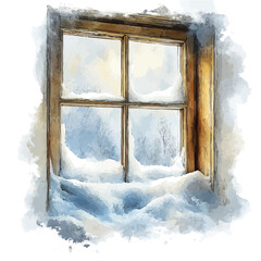 watercolor of Snow-covered Cabin Window, vector, isolated on a white background.
