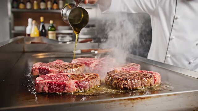 Chef cooking steaks on griddle