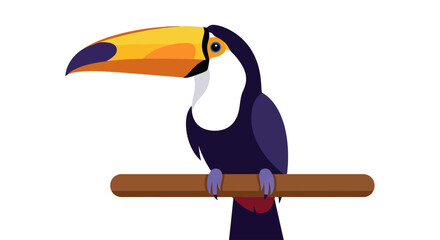 Obraz premium Vector illustration of a toucan perched on a branch, showcasing vibrant plumage and large beak, viewed from the side in a simple graphic style