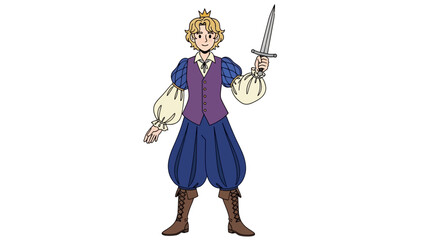 Fototapeta premium A blonde cartoon character in blue attire holding a sword confidently standing