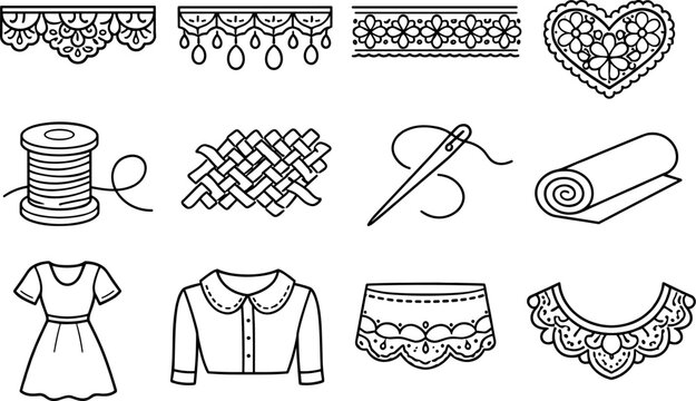  Line style vector icons of lace accent: lace, trim, edging, detail; fabric, textile, thread, weave; dress,