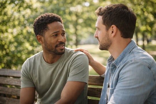 Two men having an emotional conversation on a park bench
