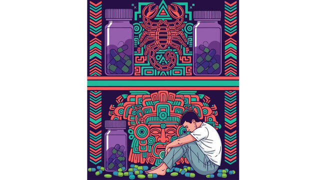 A man sits amidst vibrant digital artwork, surrounded by neon lights and abstract patterns, in a futuristic illustration style, steven (780).ai reference