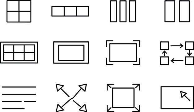 UI Grid Icons. Line style vector icons of UI grid icons: cell, row, column, gutter; layout, frame, margin, spacing; align, resize,