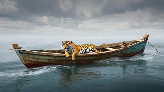 Tiger in a Boat on Calm Sea