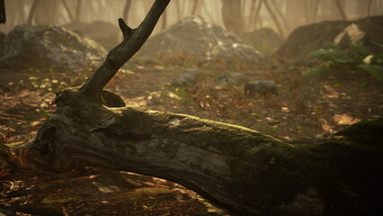 Obraz premium Sunlight filters through the trees, illuminating a moss covered log lying among rocks in a serene forest clearing. The atmosphere is tranquil and magical, inviting exploration.