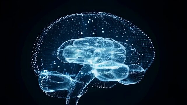 Futuristic digital representation of a human brain with glowing particles. Visualizing neural connections and cognitive processes in a modern context