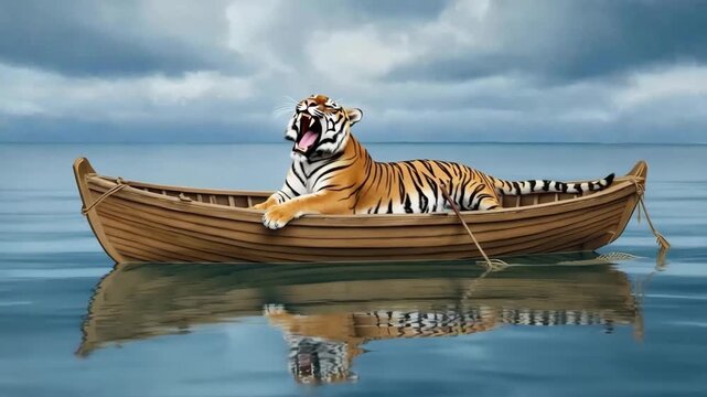 Tiger in a Boat on Calm Sea