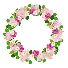 Cornice circolare floreale con fiori rosa e bianchi e foglie, illustrazione vettoriale isolata