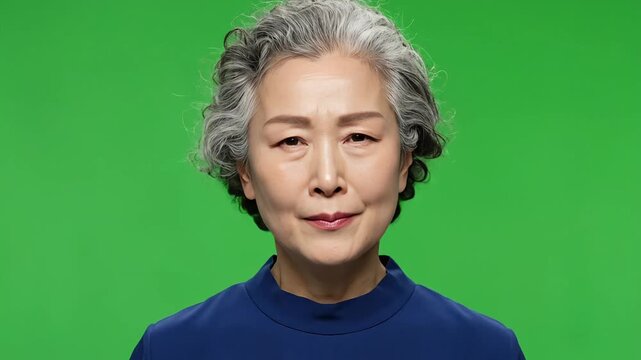 Mature Asian woman with grey hair looking directly at camera