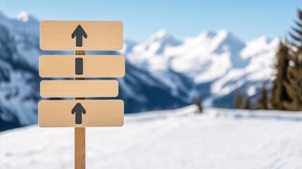 Blank Wooden Arrows Signpost, Winter Mountain Landscape, Choice, Direction, Snow, Ski Resort, Nature