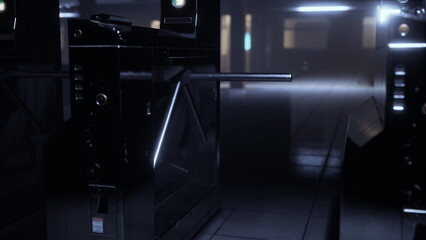 A set of turnstiles stands silently in an eerie underground area. Soft lighting casts shadows, creating a suspenseful atmosphere that invites curiosity and intrigue in the night. © icetray