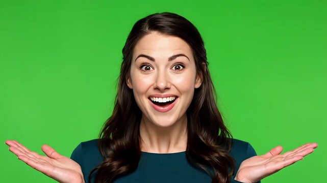 Stunning woman with surprised expression on green background