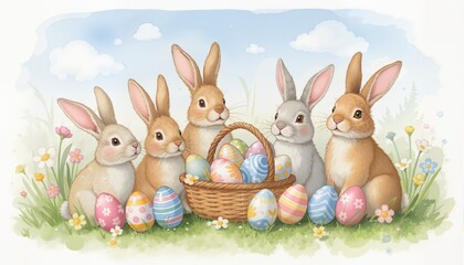 Fototapeta premium set of easter rabbits handmade Watercolor painting illustration 