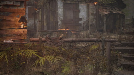 Fototapeta premium In a tranquil village, rustic wooden structures sit under fading light. Lanterns glow softly, illuminating pathways. A sense of calm envelops the scene, inviting exploration and wonder.