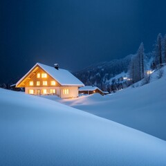 Fototapeta premium Cozy Chalet in Snowy Embrace Illuminated Alpine Home at Dusk, Winter Wonderland, Tranquil Escape. Chalet, Snow, Dusk