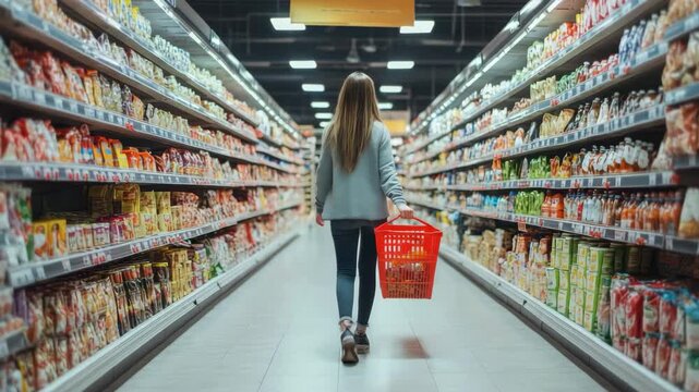 Grocery Shopping in Modern Supermarket Interior