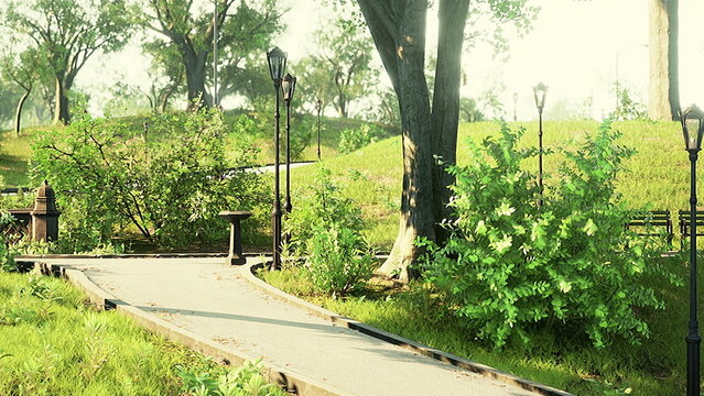 A peaceful park pathway meanders through vibrant greenery under bright blue skies. The inviting scene features lush trees, blooming bushes, and charming lampposts, perfect for leisurely walks.