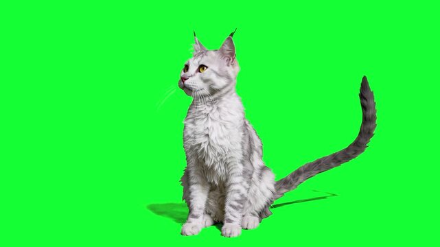 A 3D animated Devon Rex cat with its characteristic wavy fur and large ears sits calmly on a solid green background. This specialized asset is ideal for high-end digital character work and breed-speci