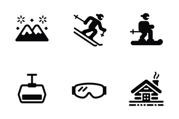 Winter Ski Resort Icons: Mountains, Skier, Cabin, and Gear
