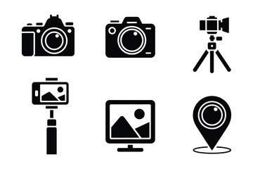 Photography Icons: Cameras, Tripod, Selfie Stick, Monitor