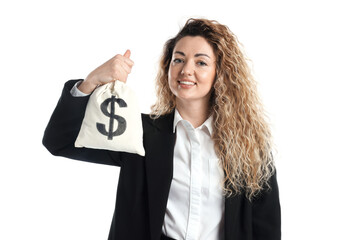 Businesswoman with bag full of money on white background