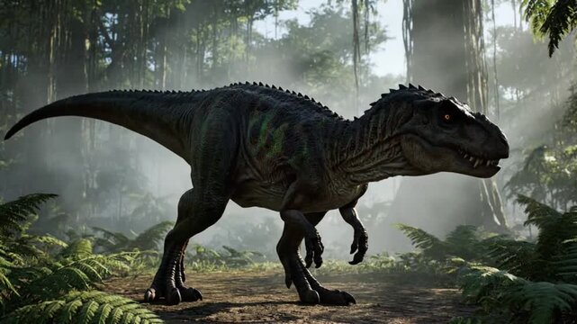 Allosaurus dinosaur in prehistoric forest with misty atmosphere and soft natural lighting for educational content