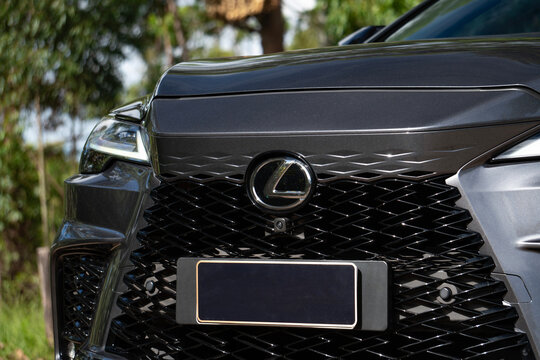 Lexus RX 500h front end logo close up, Hybrid SUV emblem detail on black mesh
