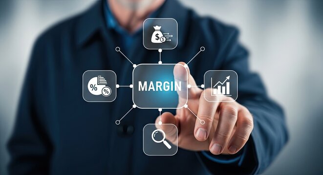 Person in a dark blue jacket touching a central digital margin icon on a virtual screen with various financial analysis graphics.
