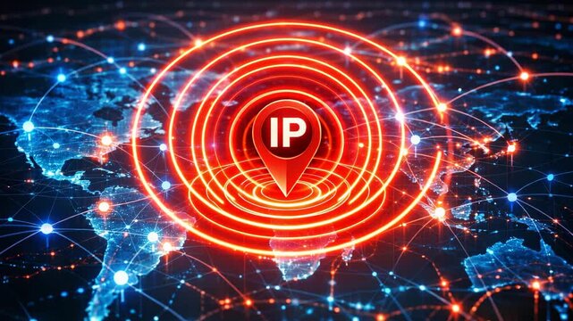 Digital representation of global network connectivity with highlighted IP location marker, showcasing concentric circles and illuminated connections across a world map