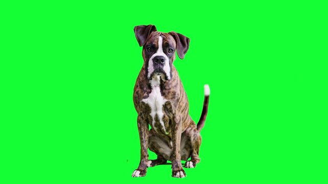 A realistic 3D brindle Boxer dog sitting patiently against a green screen background. High-quality animal asset for pet-related commercials, veterinary services, or domestic life scenes.