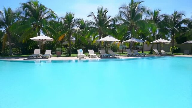 Serene swimming pool surrounded by palm trees and lounge chairs. Ideal setting for relaxation and leisure in a tropical paradise
