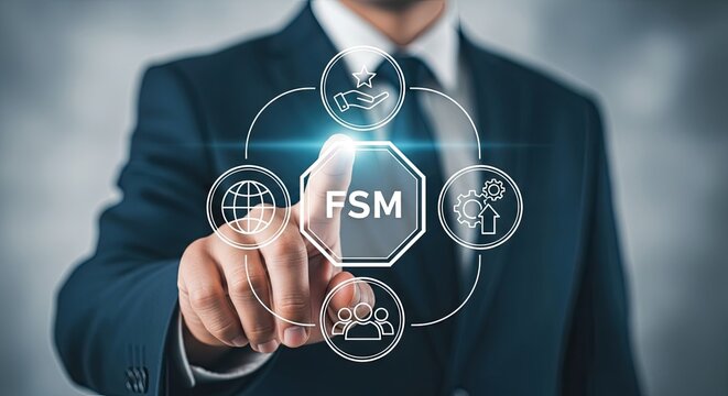 Businessman in a formal suit and blue tie touching a central digital FSM icon on a virtual screen with service and global operations graphics.