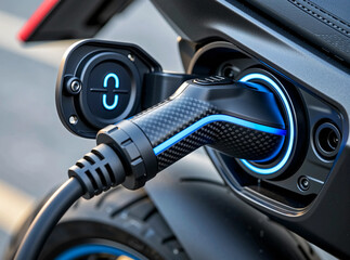 Electric Motorcycle Charging Connector with Blue LED Ring and Carbon Fiber Texture &ndash; Modern Eco-Friendly Transportation Concept Stock Photo