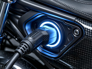 Naklejka premium Electric Motorcycle Charging Connector with Blue LED Ring and Carbon Fiber Texture – Modern Eco-Friendly Transportation Concept Stock Photo