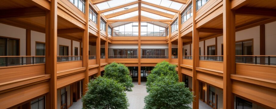 Interior Courtyard with Natural Light, Wood Accents and Greenery, Architecture, Modern Design, Indoor Oasis, atrium, atrium