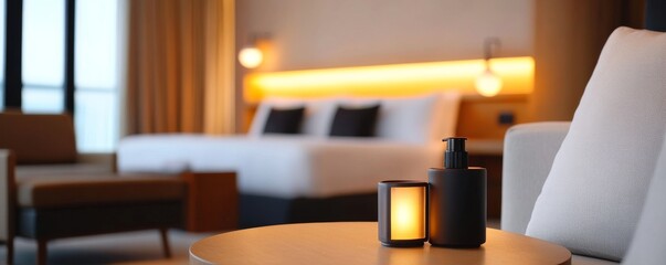 Luxury Hotel Room Detail Illuminated candle and dispenser on a side table, soft focus bed and lighting, warm tones, Hotel Comfort, Amenity, Cozy Bedroom Keywords Hotel, Luxury