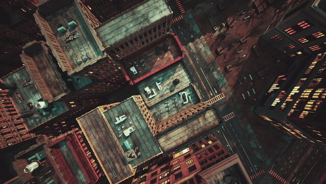 A stunning aerial view captures the bustling energy of a lively city. Diverse buildings rise upwards, showcasing intriguing designs and vibrant colors under a clear sky.