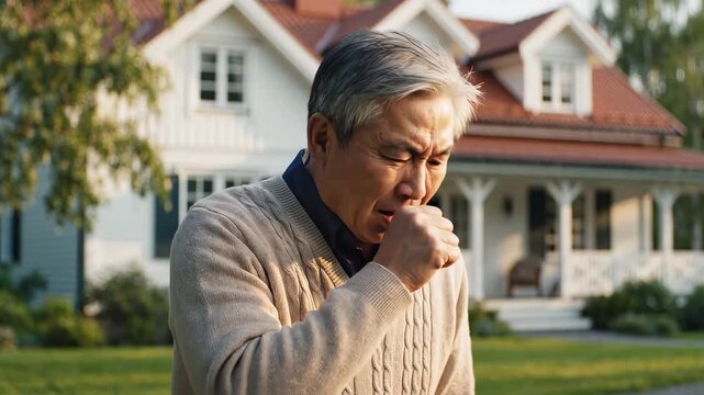 Elderly man coughing outside house